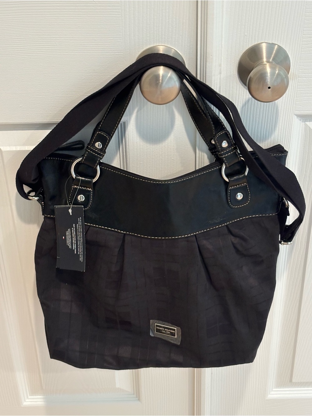 Tommy Hilfiger Black Canvas Tote Bag with Handles and Adjustable Shoulder Strap